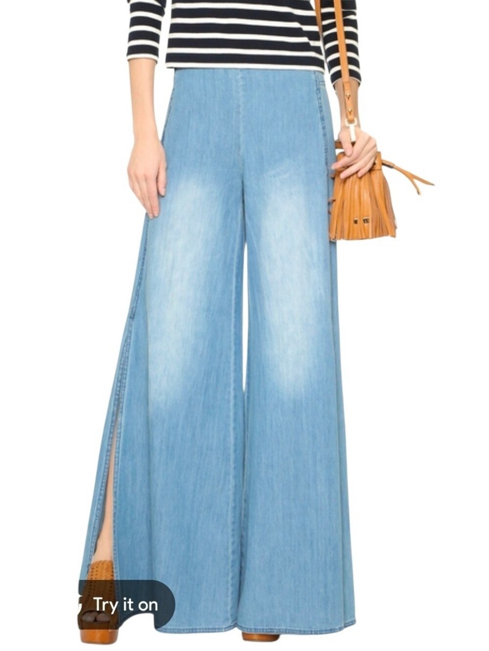 Free People Ramona Apron pant light wash  wide leg and side slits Size 4 - Picture 2 of 16